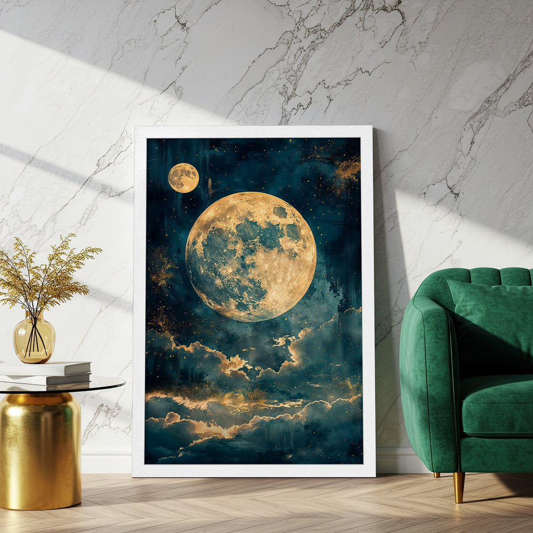 Framed Poster of a celestial moonscape in a dreamy, artistic style. Features a dark teal, gold, and beige color palette. Perfect wall art!