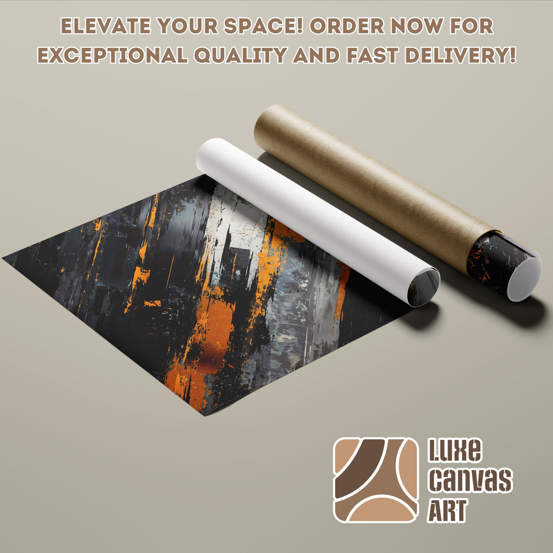 Abstract art Poster Roll with black, orange, and gray color palette. Elevate your space with Luxe Canvas Art.