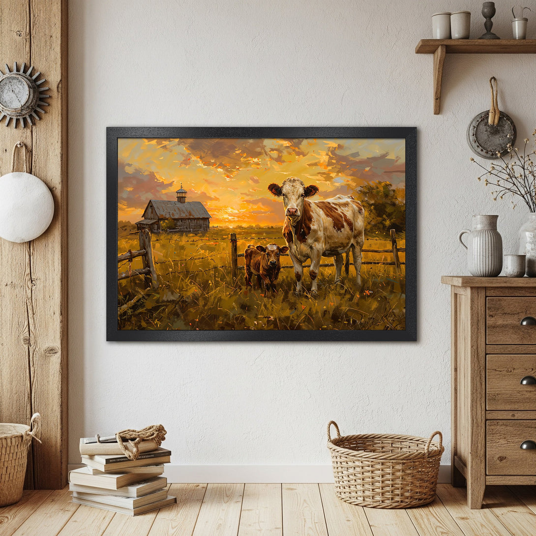 Framed Poster featuring a cow and calf in a sunset landscape. Rustic style with warm orange and gold tones. Perfect farmhouse decor.