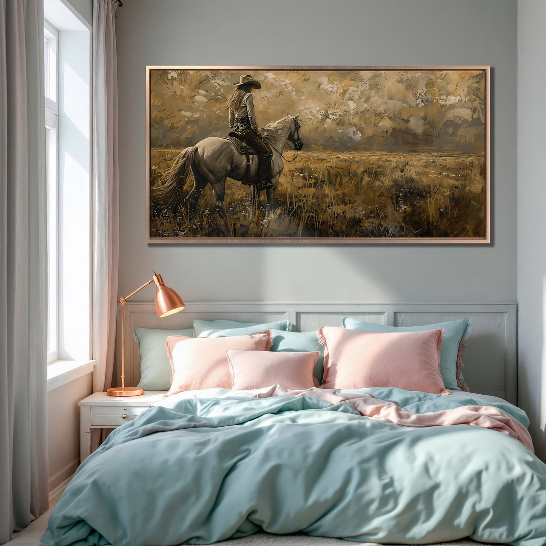 Framed Wall Art: Cowboy on horse in a field, warm earth tones. Rustic art perfect for bedroom decor. Canvas print with a touch of the Wild West.