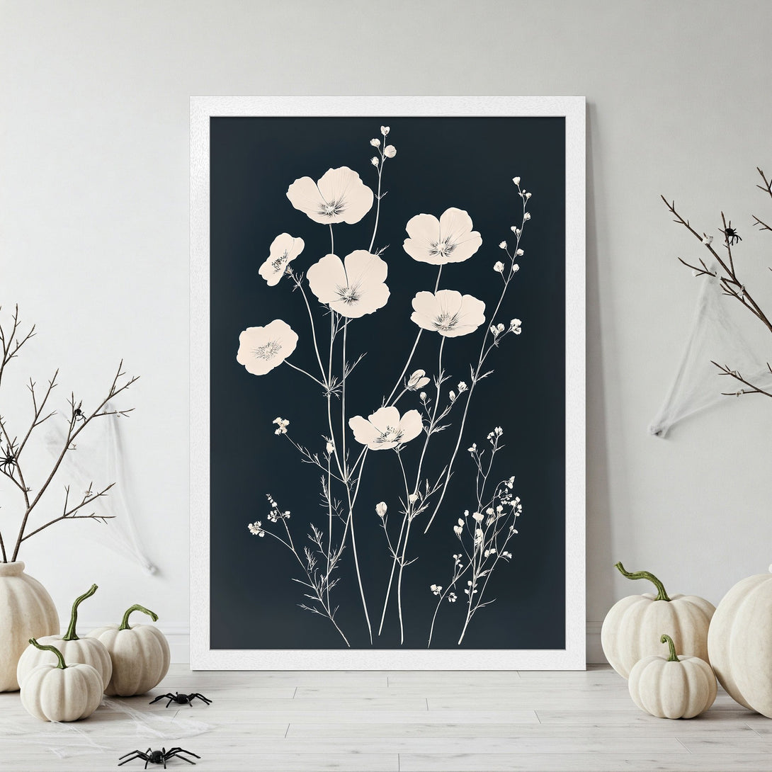 Framed Poster featuring botanical illustration in a minimalist style with a navy and cream color palette. Perfect wall art for any room.