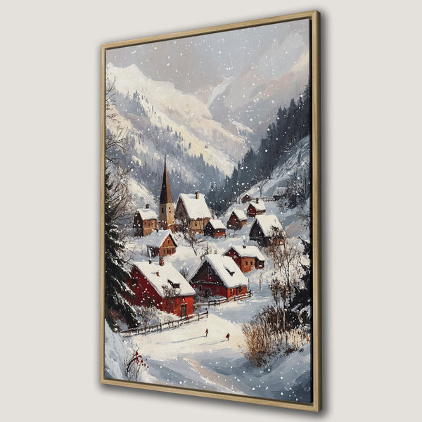 Framed Wall Art: Winter village scene canvas print. Cozy cabin art with snowy mountains, red roofs, and a muted color palette. Perfect for home decor.