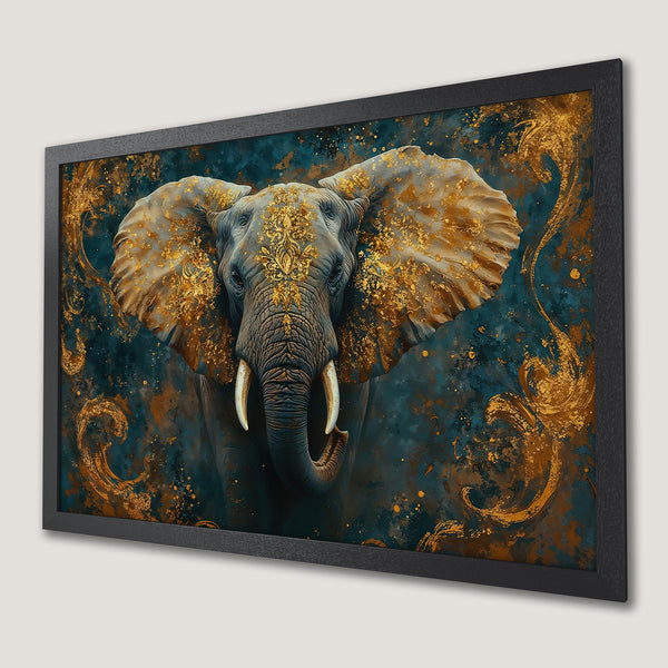 Framed Poster featuring an elegant elephant with gold accents, set against a teal and gold abstract background. A stunning art piece!