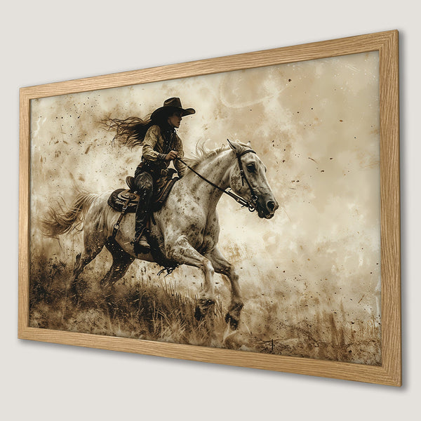 Framed Poster of a cowgirl riding a horse, rustic style, sepia tones. Western wall art.