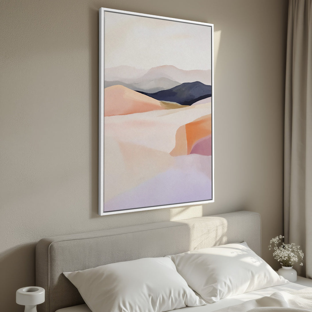 Framed Wall Art: Abstract landscape Canvas Print in soft pastel hues. Enhance your space with this calming, modern art piece in a neutral color palette.