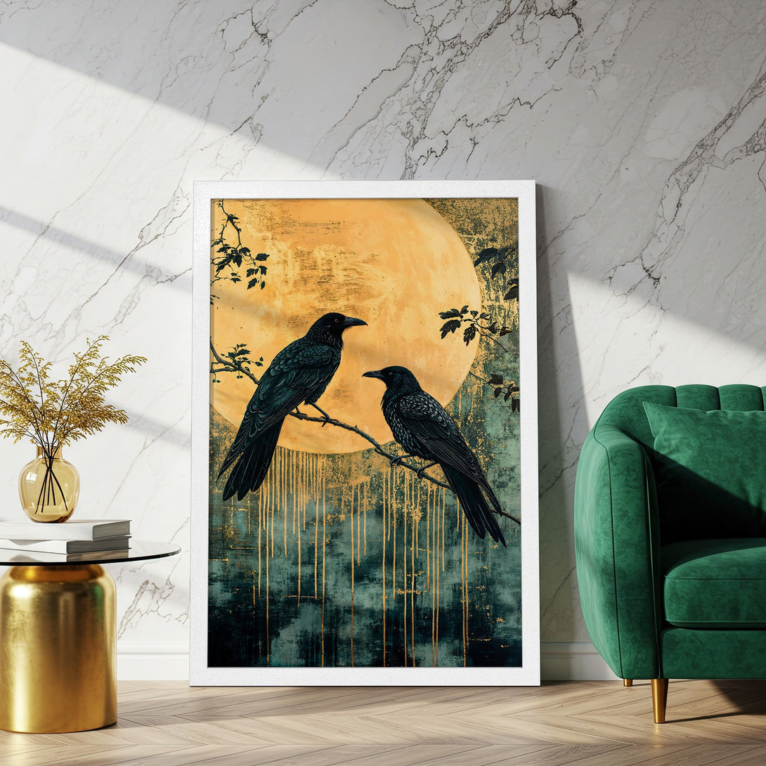 Framed Poster featuring two ravens on a branch, artistic style with a golden moon and teal/gold color palette. Perfect wall decor!