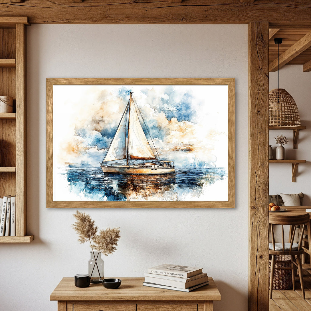 Framed Poster of a sailboat in watercolor style, featuring blue & beige tones. Perfect nautical decor for your home.