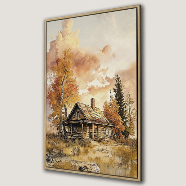 Framed Wall Art featuring a cozy cabin scene in warm autumnal tones. Rustic style Canvas Print with a serene landscape, perfect for adding a touch of nature to your home.