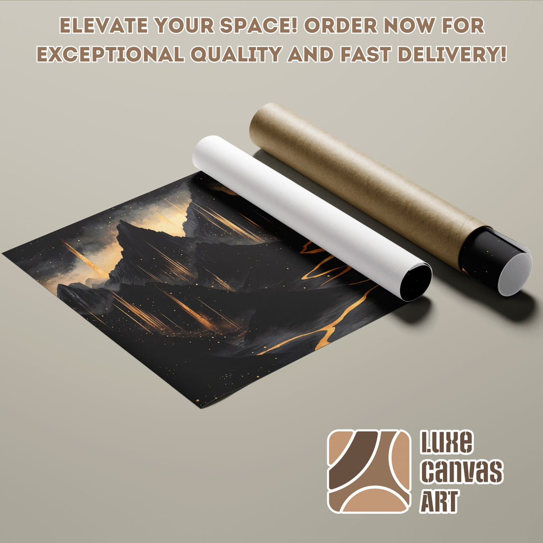 Poster Roll featuring abstract mountain art in a black and gold color palette. Elevate your space!