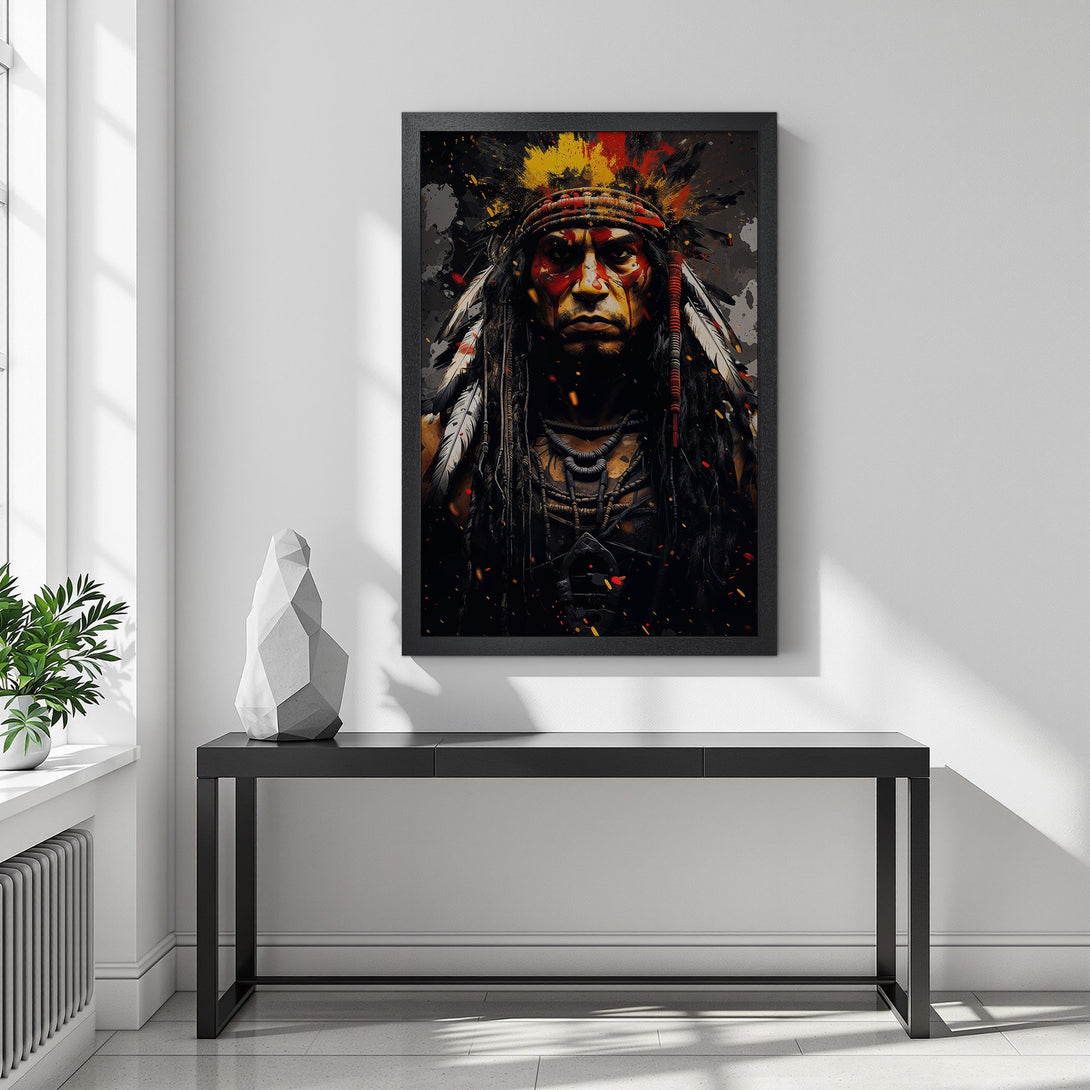 Framed Poster of Native American chief, abstract style, with red, yellow, and black color palette. Add a touch of history to your space!