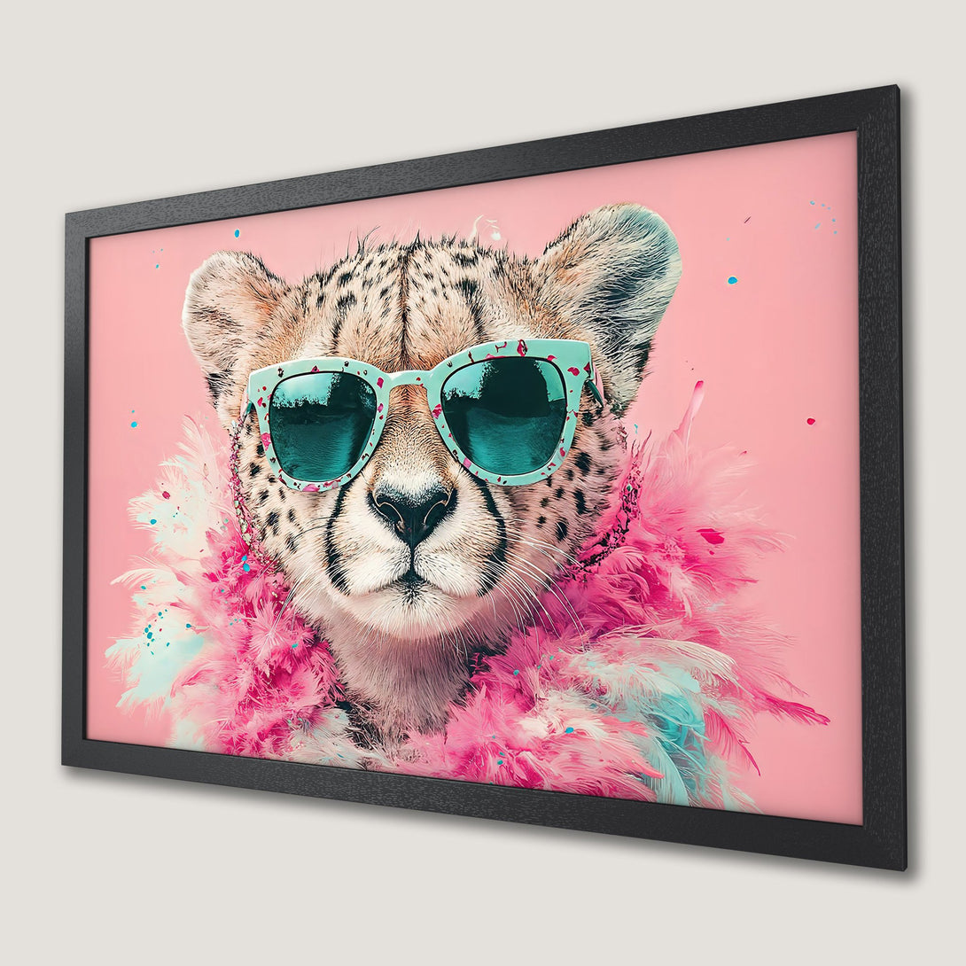 Framed Poster: Cool cheetah wearing sunglasses with pink and teal accents, pop art style.
