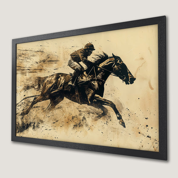 Framed Poster featuring a horse race in a vintage style with sepia tones and black accents. Perfect wall art!