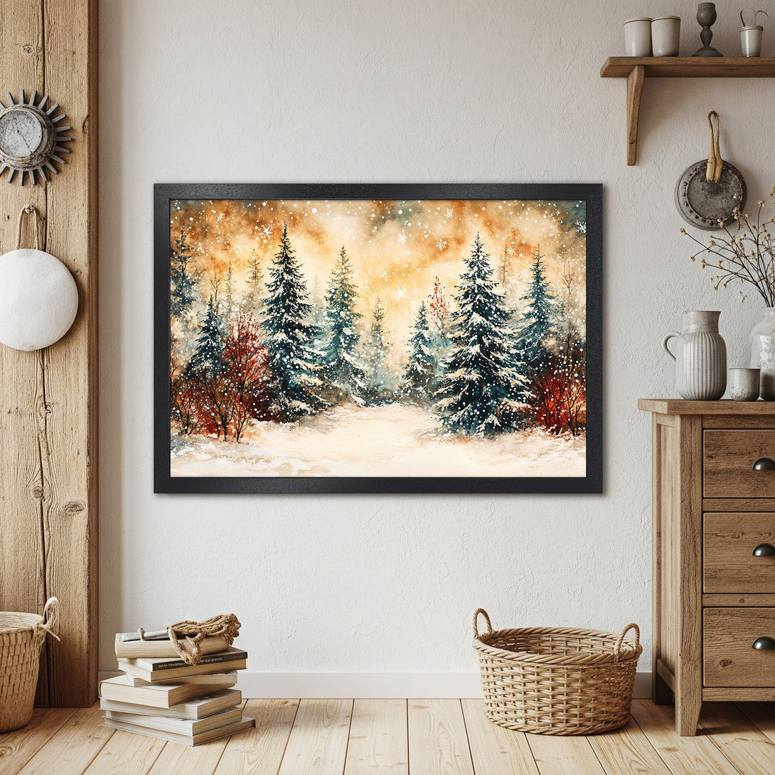 Framed Poster of a winter forest scene in watercolor style. Featuring a warm, snowy landscape with a gold and teal color palette.