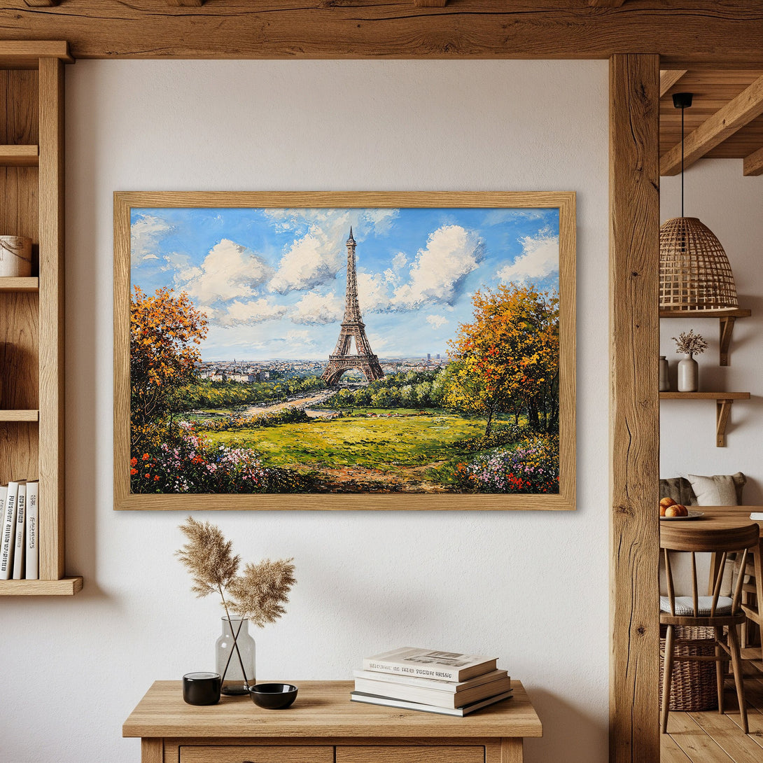 Framed Poster of Eiffel Tower in Impressionist style, featuring blue skies, green grass, and warm autumn colors. Perfect wall art!