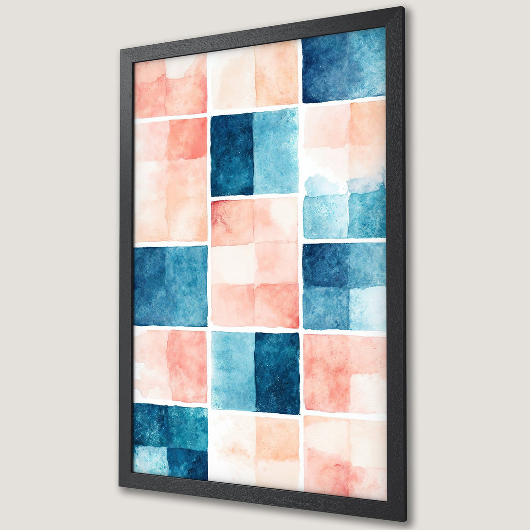 Framed Poster featuring watercolor abstract art in blue, coral, and peach hues. Perfect wall decor for a modern space.