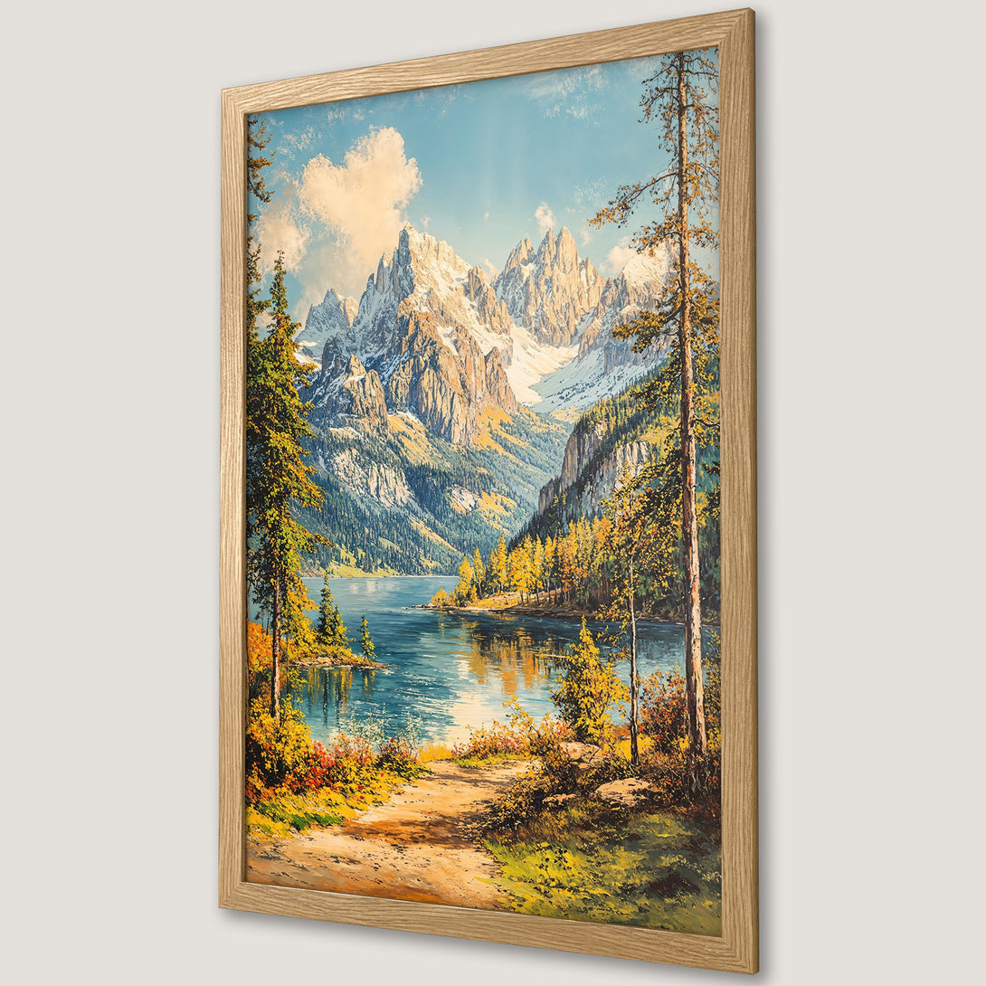 Framed Poster of a mountain lake landscape painting. Warm, earthy tones with blue sky & autumn foliage. Perfect wall art for your home.
