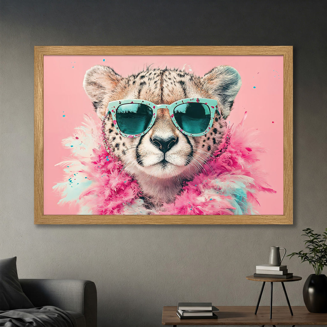 Framed Poster featuring a cheetah wearing sunglasses and boa, pop art style, pink and teal color palette.