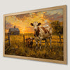Idyllic Farmhouse Scene Art Poster: Cow and Calf in Barn Landscape
