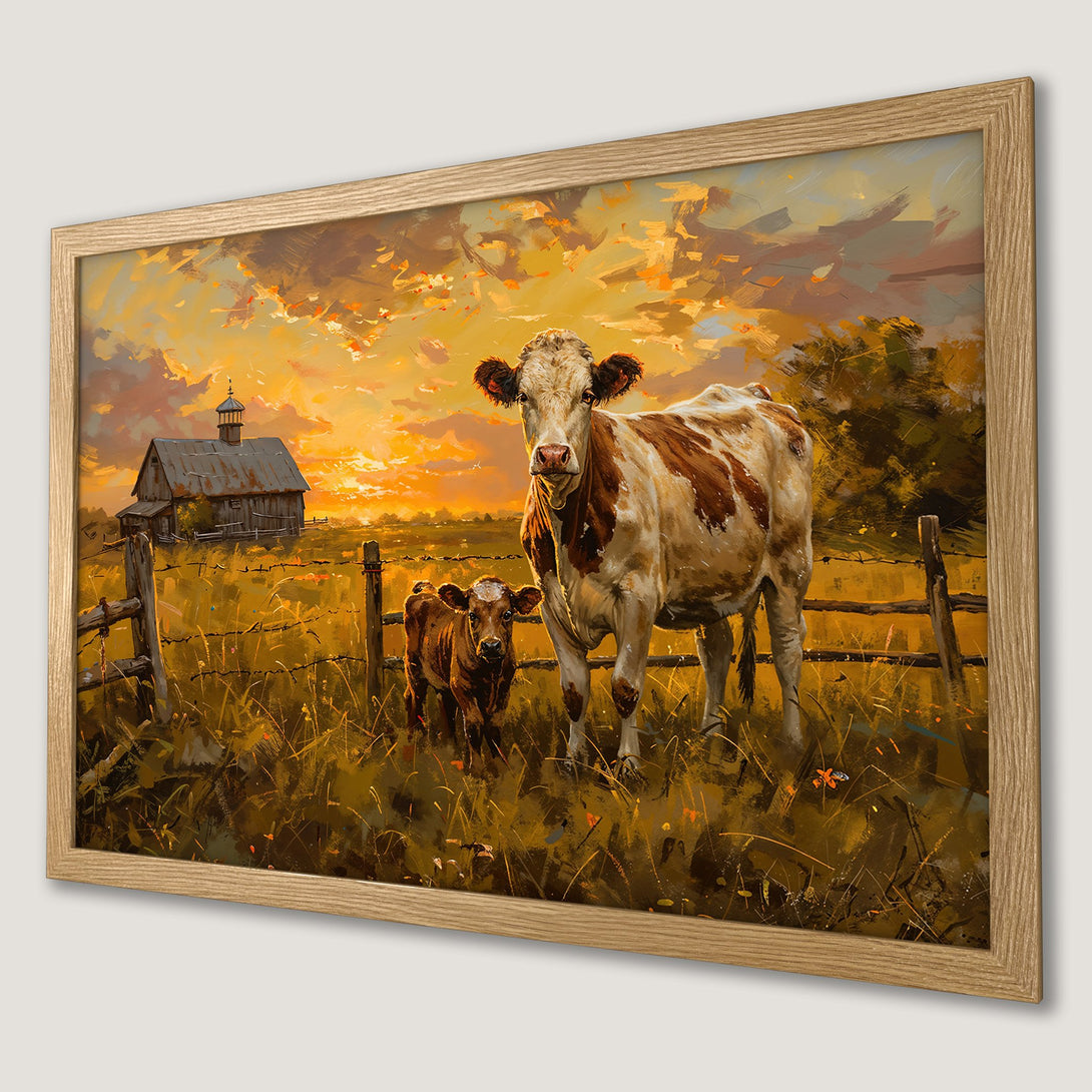 Framed Poster of cows in a field at sunset. Rustic style with warm orange and brown tones. Perfect wall art!