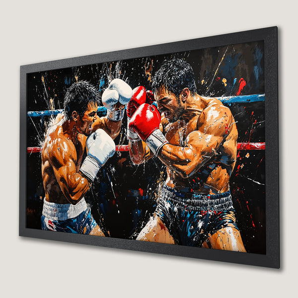 Framed Poster: Boxing match art print in bold colors and expressive style. Perfect for sports fans. Add energy to your space!