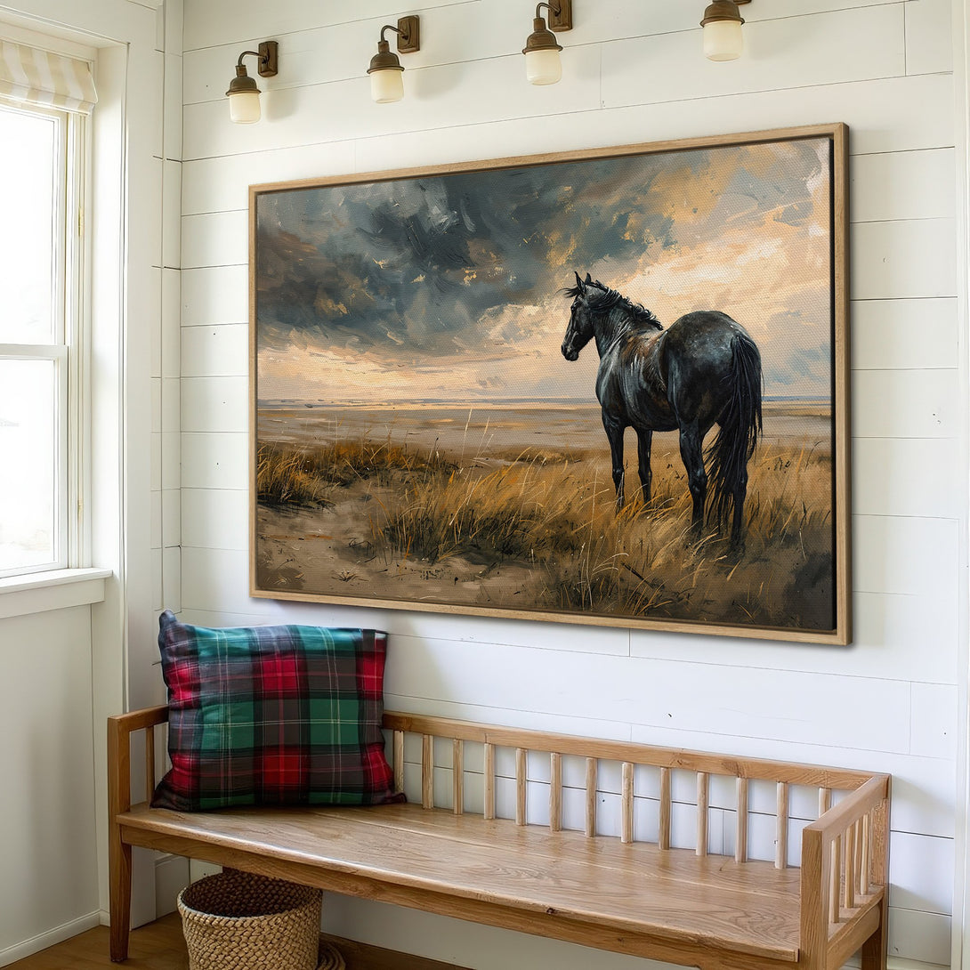 Framed Wall Art: Majestic horse canvas print in a rustic interior. Dramatic sky and earth tones create a captivating landscape scene.