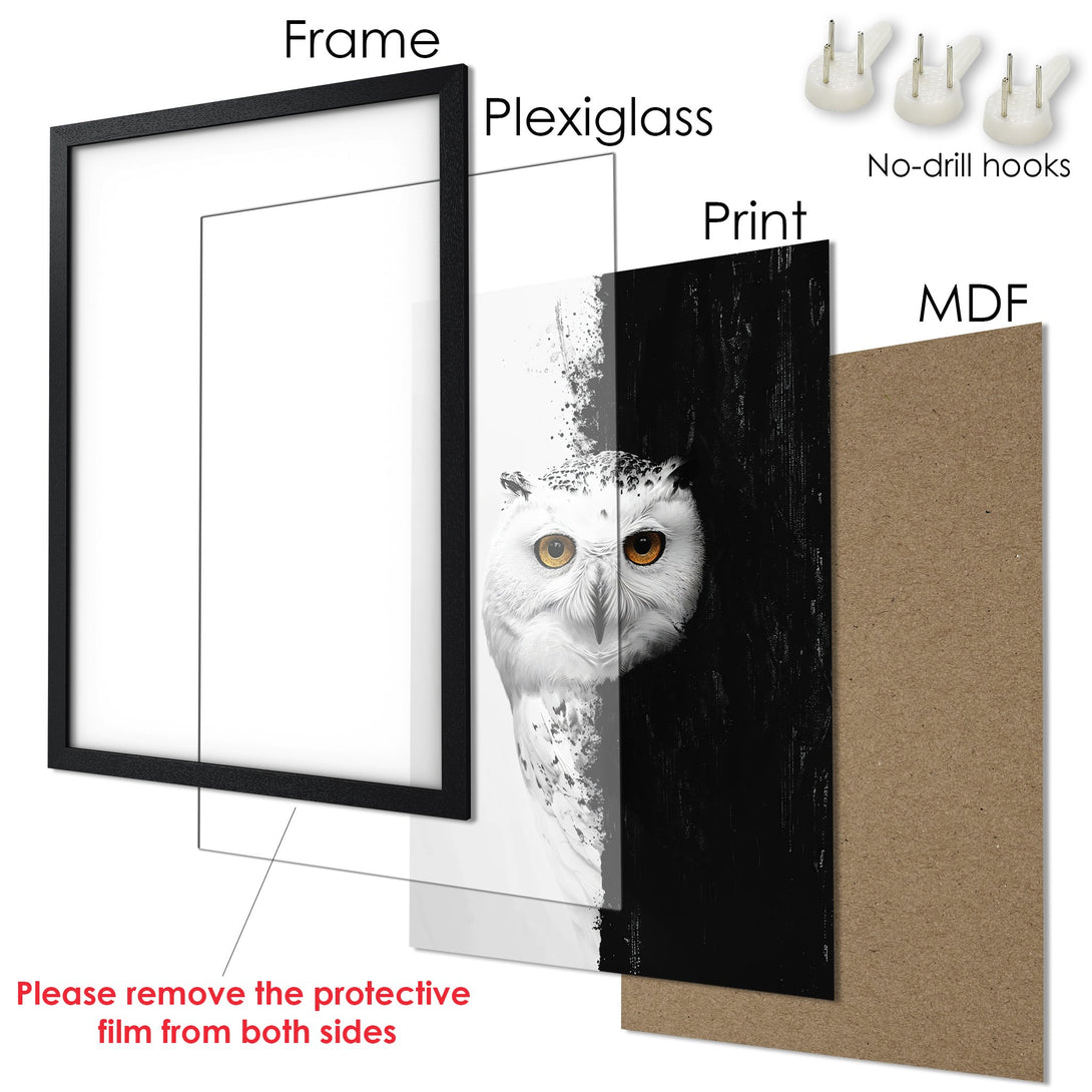 Framed Poster featuring a majestic owl in black and white art style, perfect for home decor.