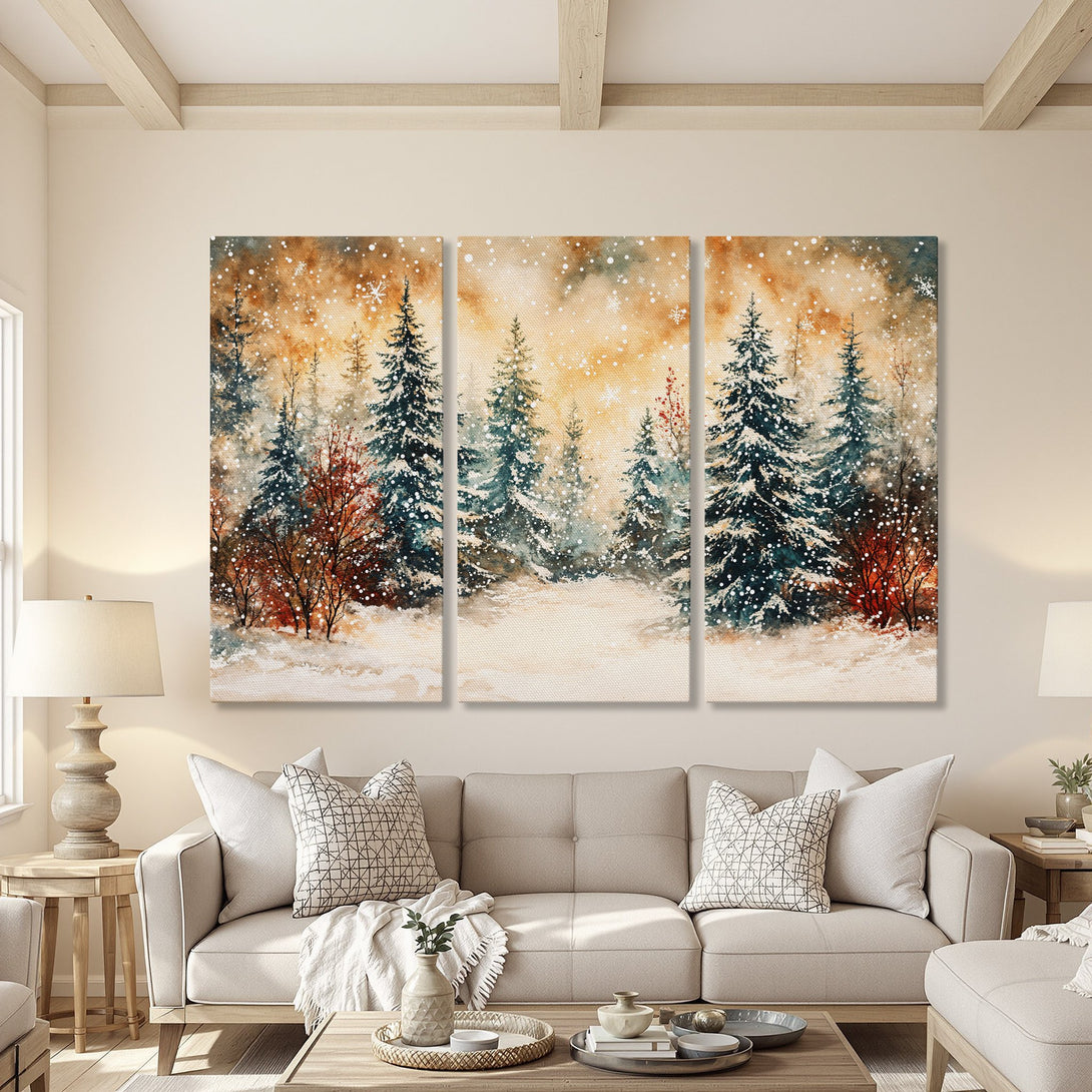 Canvas Print of a winter forest scene in watercolor style. Features a warm, neutral color palette with pops of teal and red. Perfect wall art!