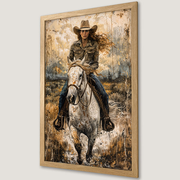 Framed Poster: Cowgirl on Horseback, abstract style, warm earth tones. Rustic art print for home decor.