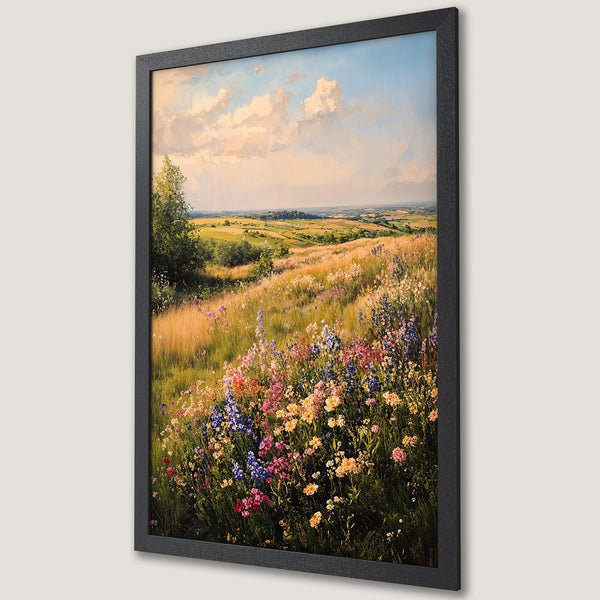 Framed Poster of a vibrant wildflower meadow landscape painting in a warm, colorful palette. Perfect wall art for any room!