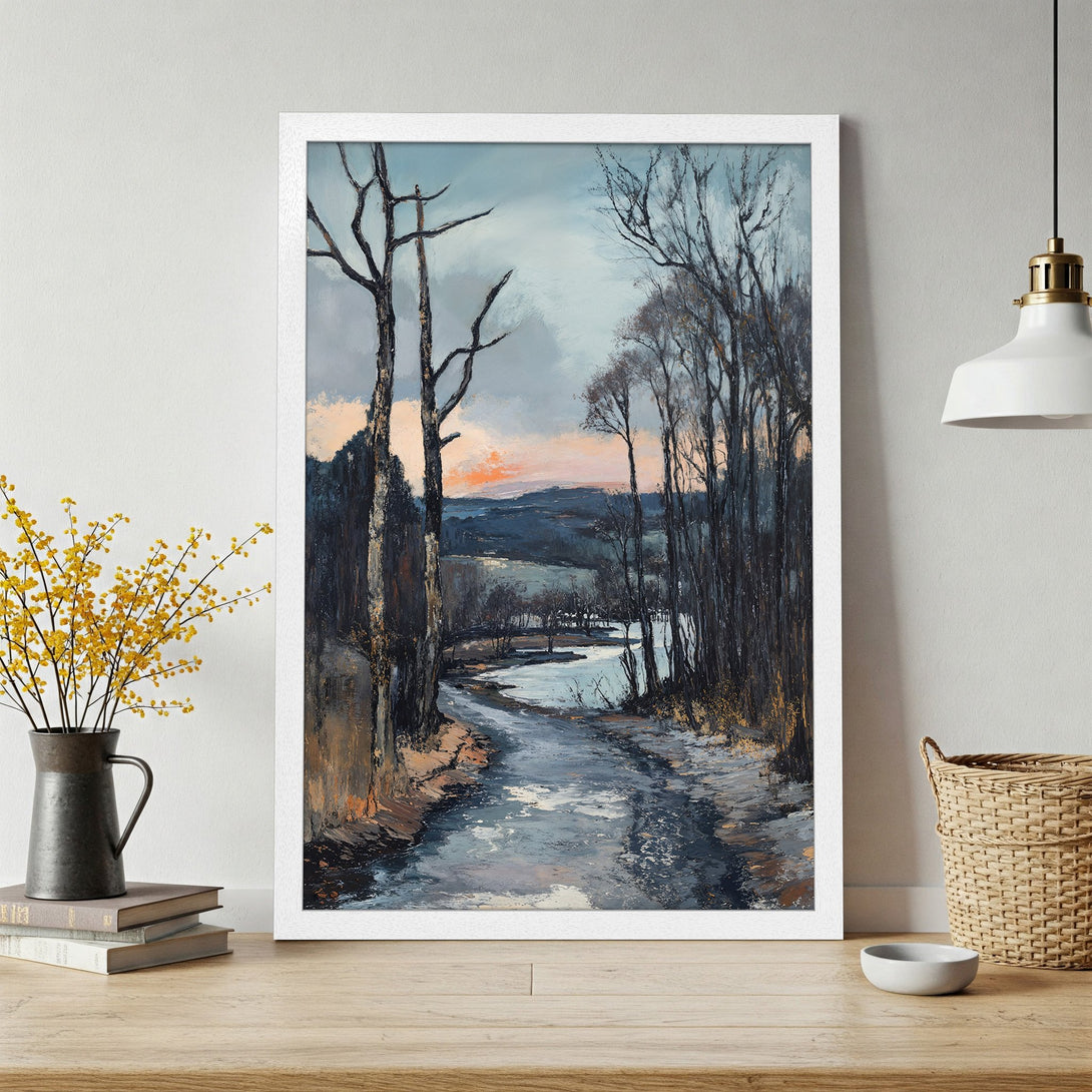 Framed Poster featuring an impressionistic landscape painting with a moody, cool color palette. Perfect art for your home!