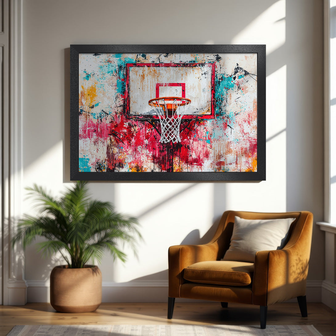Framed Poster of a basketball hoop in abstract style with red, blue, and yellow paint splatters. Perfect wall art for sports lovers!
