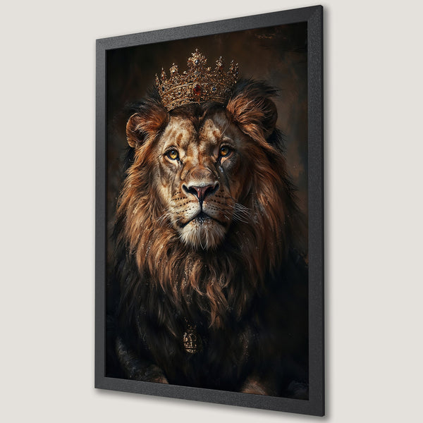 Framed Poster of a regal lion with a crown, rich brown tones, and a majestic style. Perfect wall art!