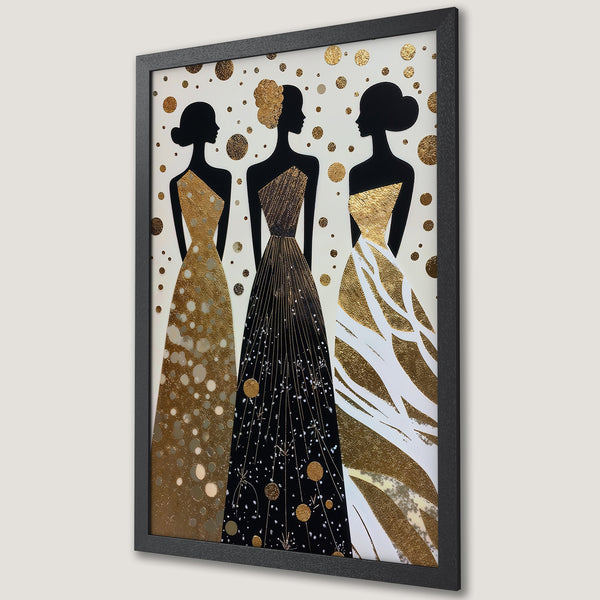 Framed Poster featuring elegant women in gold and black dresses, with a glamorous, abstract style. Gold and white color palette. Perfect wall art.