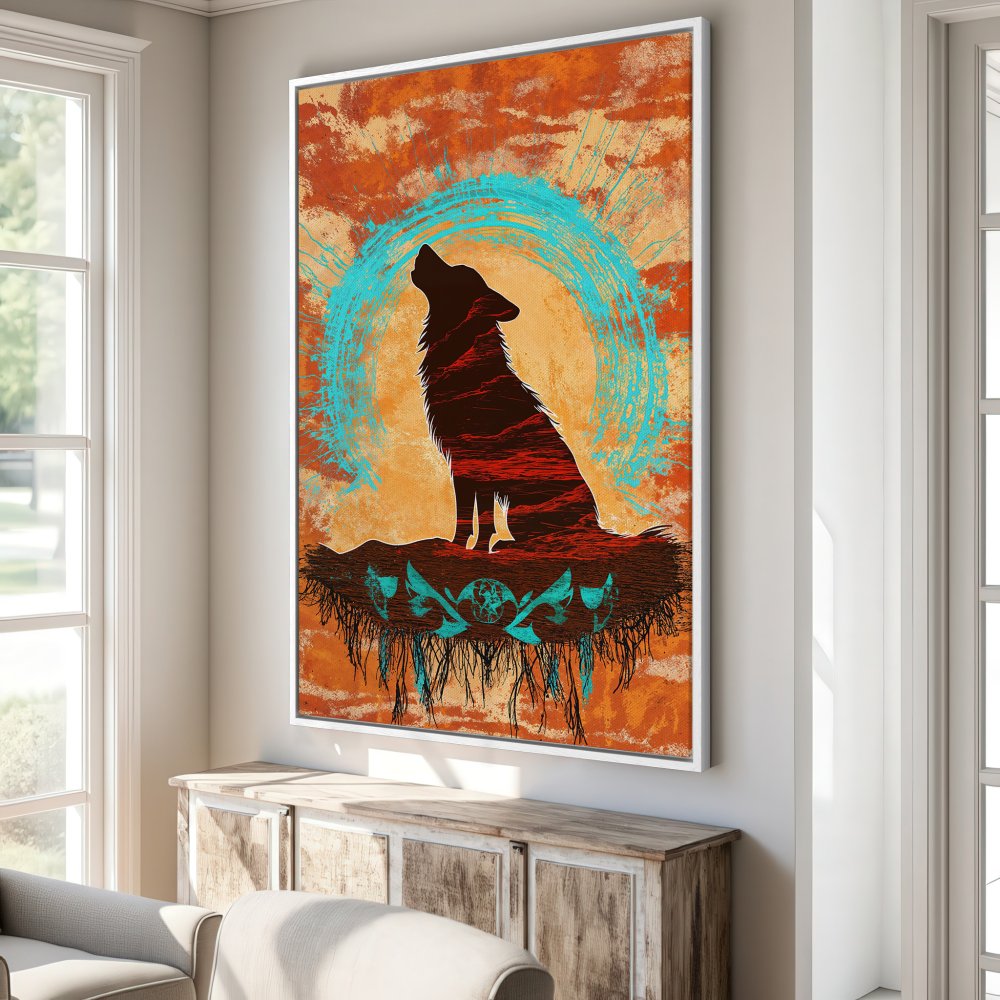 Framed Wall Art: Silhouette of a howling wolf in warm orange and turquoise tones. Rustic style Canvas Print perfect for any room.