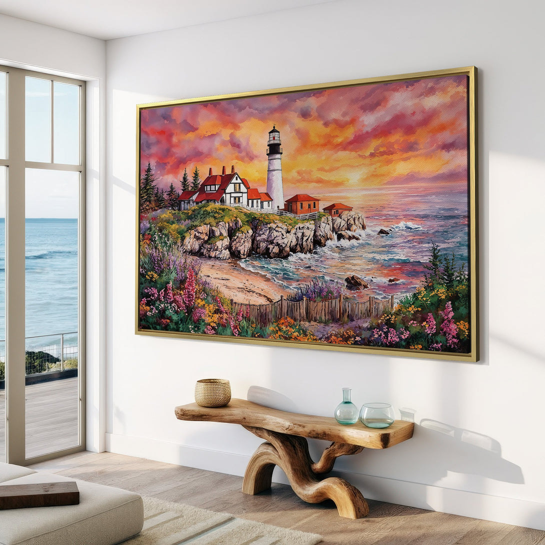 Canvas Print of a lighthouse painting with warm sunset hues, displayed in a modern interior. Coastal art with vibrant orange and purple tones.