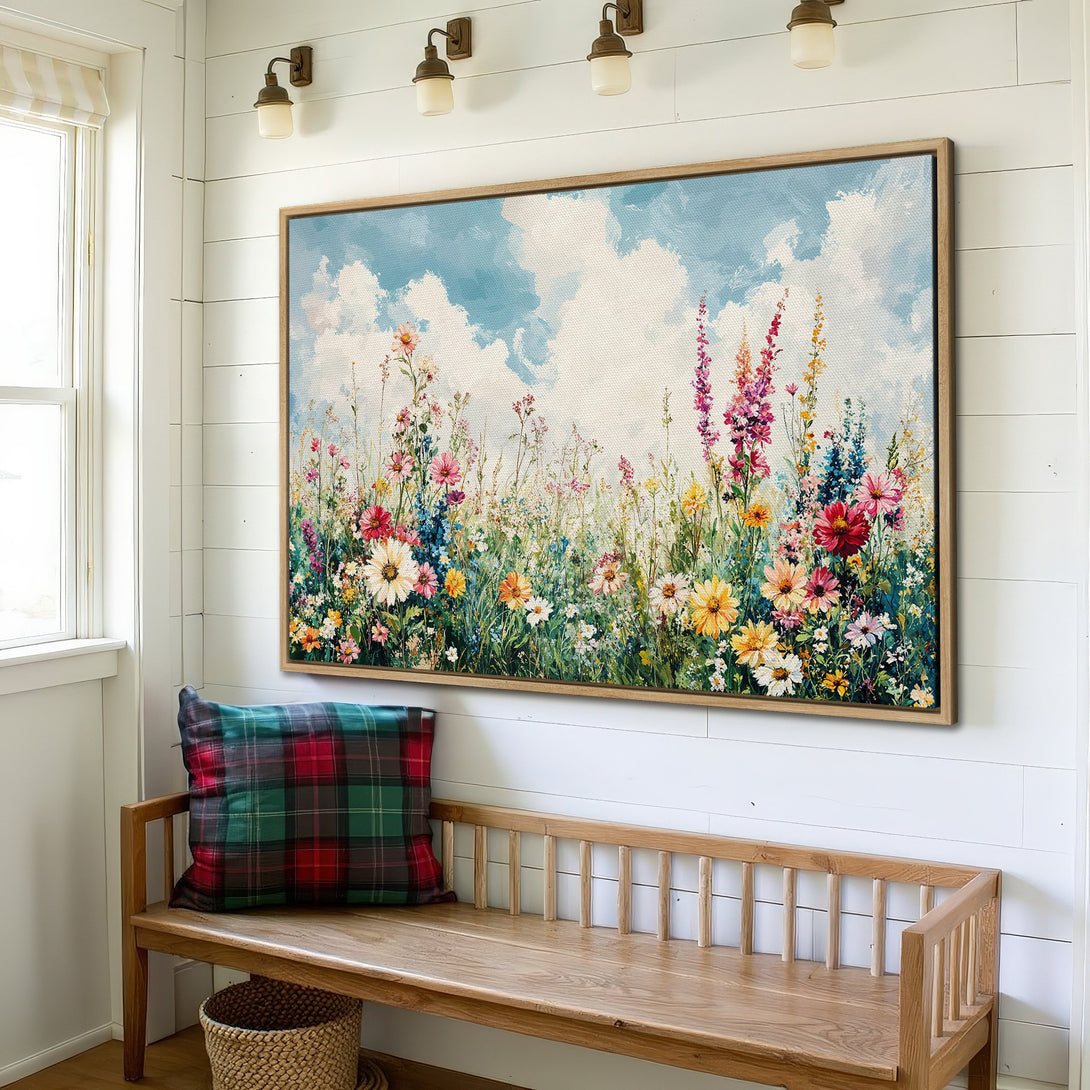 Framed Wall Art: Colorful floral canvas print with a bright, impressionistic style. Features a vibrant palette of blues, yellows, pinks, and greens. Perfect for home decor!