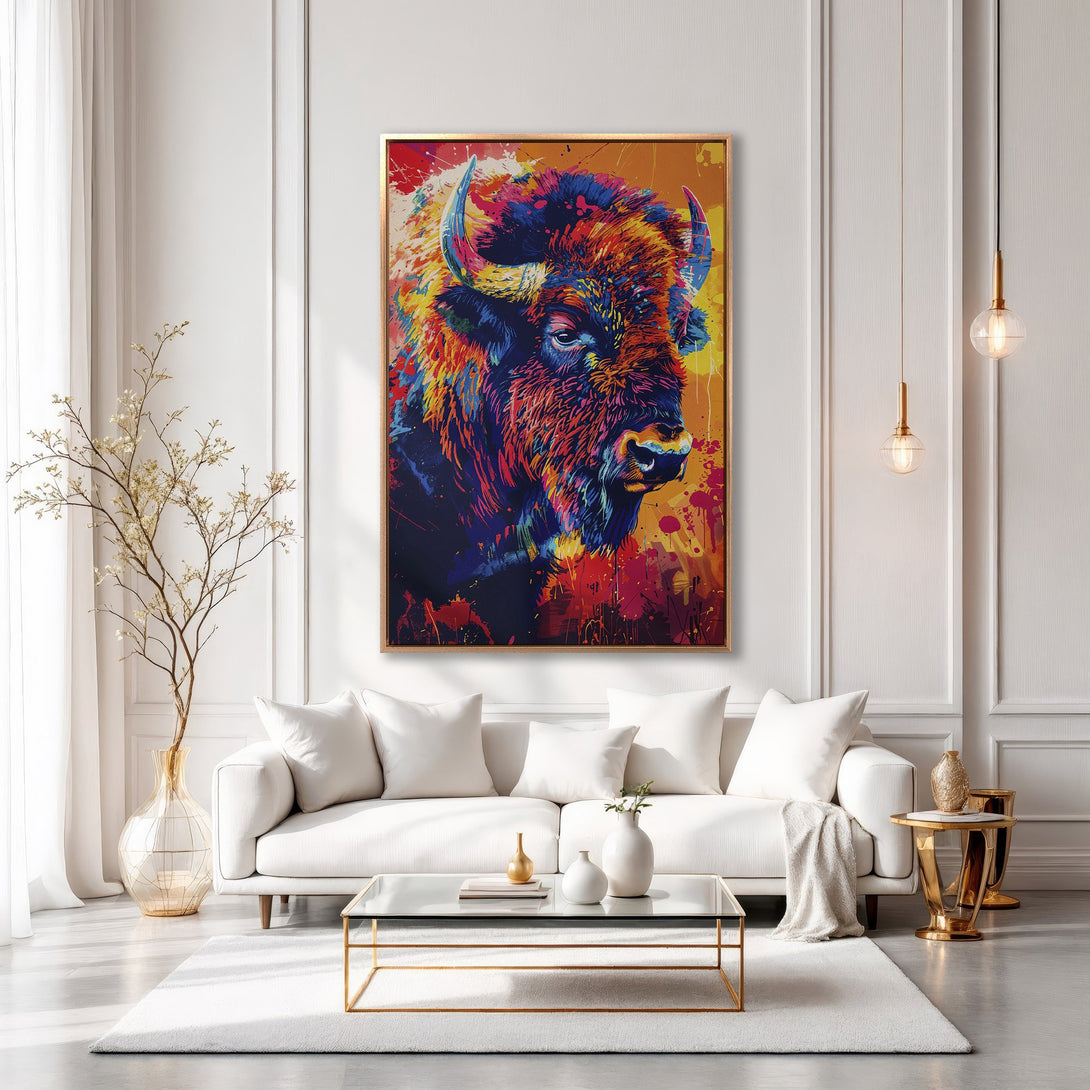 Framed Wall Art: Vibrant pop art bison canvas print. Colorful, bold artwork with a modern style. Adds a statement piece to any living room.