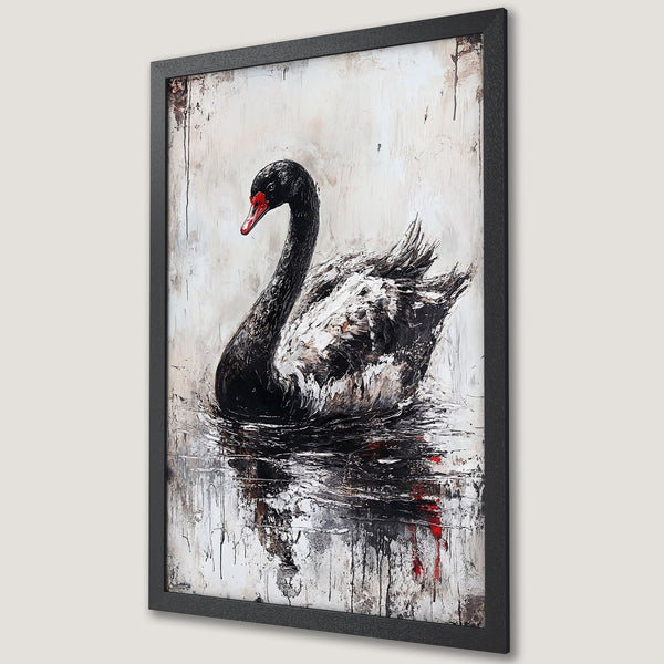Framed Poster featuring a black swan oil painting. Elegant art in black, white, and red color palette. Perfect for home decor.