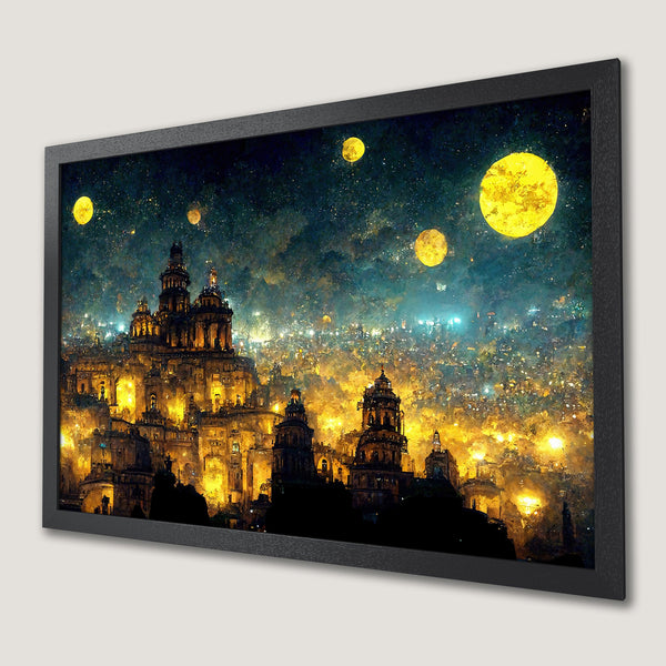 Framed Poster featuring a fantastical cityscape under a starry night sky, with a warm yellow and blue color palette.