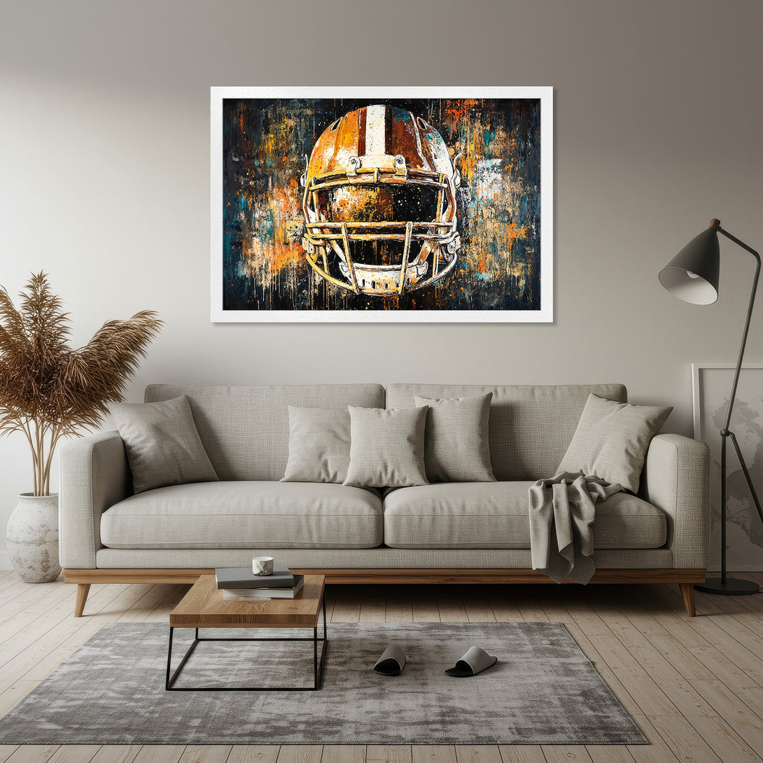 Framed Poster of a football helmet in abstract art style with a warm color palette. Perfect wall decor!