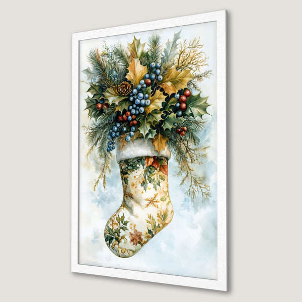 Framed Poster featuring watercolor Christmas stocking art with berries and foliage. Perfect holiday decor in warm, earthy tones.