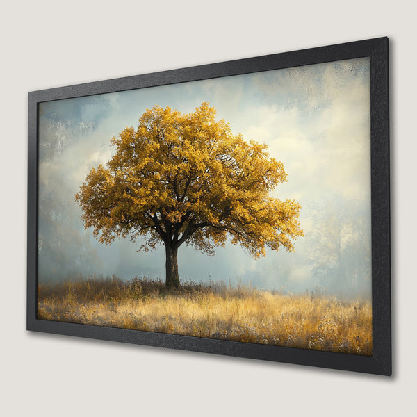 Framed Poster of a majestic tree in a golden field. Artistic style, warm yellow & blue color palette. Perfect wall art.