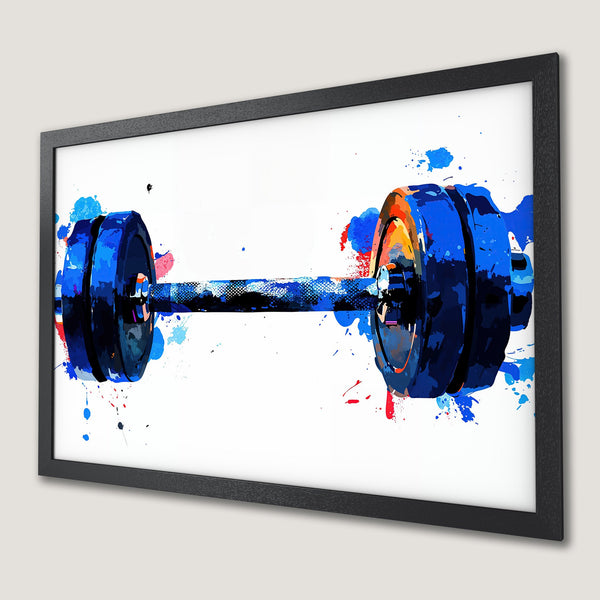 Framed Poster of a watercolor-style barbell in blue, red, and orange. Perfect gym decor!