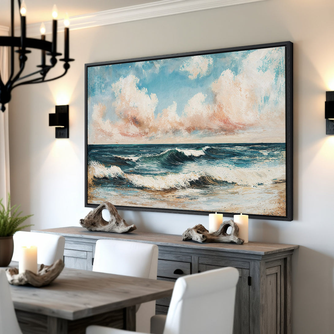 Framed Wall Art: Ocean waves canvas print in a coastal style, featuring blue, beige, and peach hues. Perfect for adding a touch of serenity to your home decor.