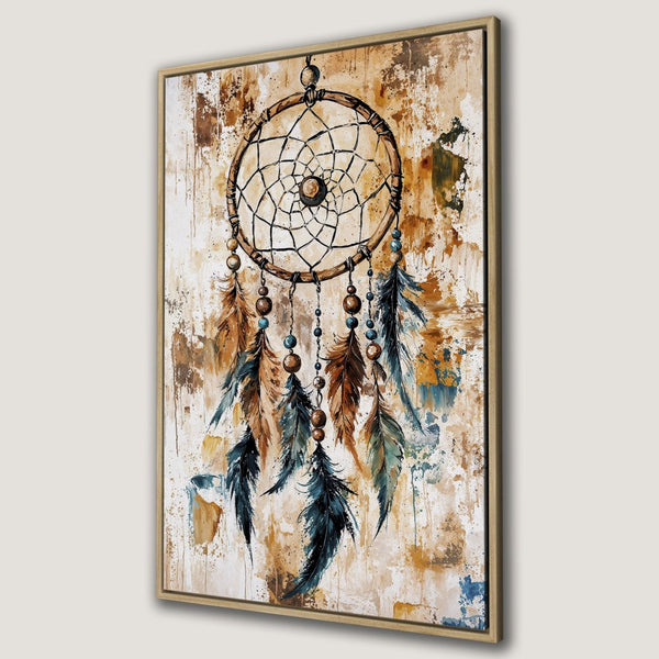 Framed Wall Art: Dreamcatcher painting in earthy tones. Add bohemian vibes with this canvas print featuring brown, blue, and gold accents.
