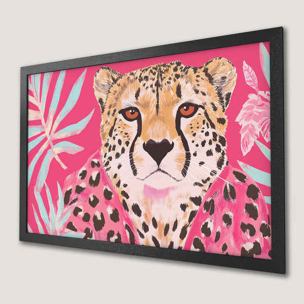 Framed Poster featuring a stylish cheetah with a vibrant pink and tropical color palette. Perfect wall art for a bold statement.