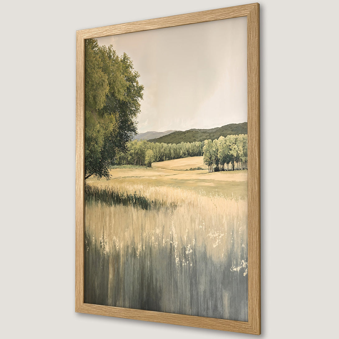 Framed Poster of a serene landscape painting. Features a field, trees, and mountains in a neutral, earthy color palette. Perfect wall art.