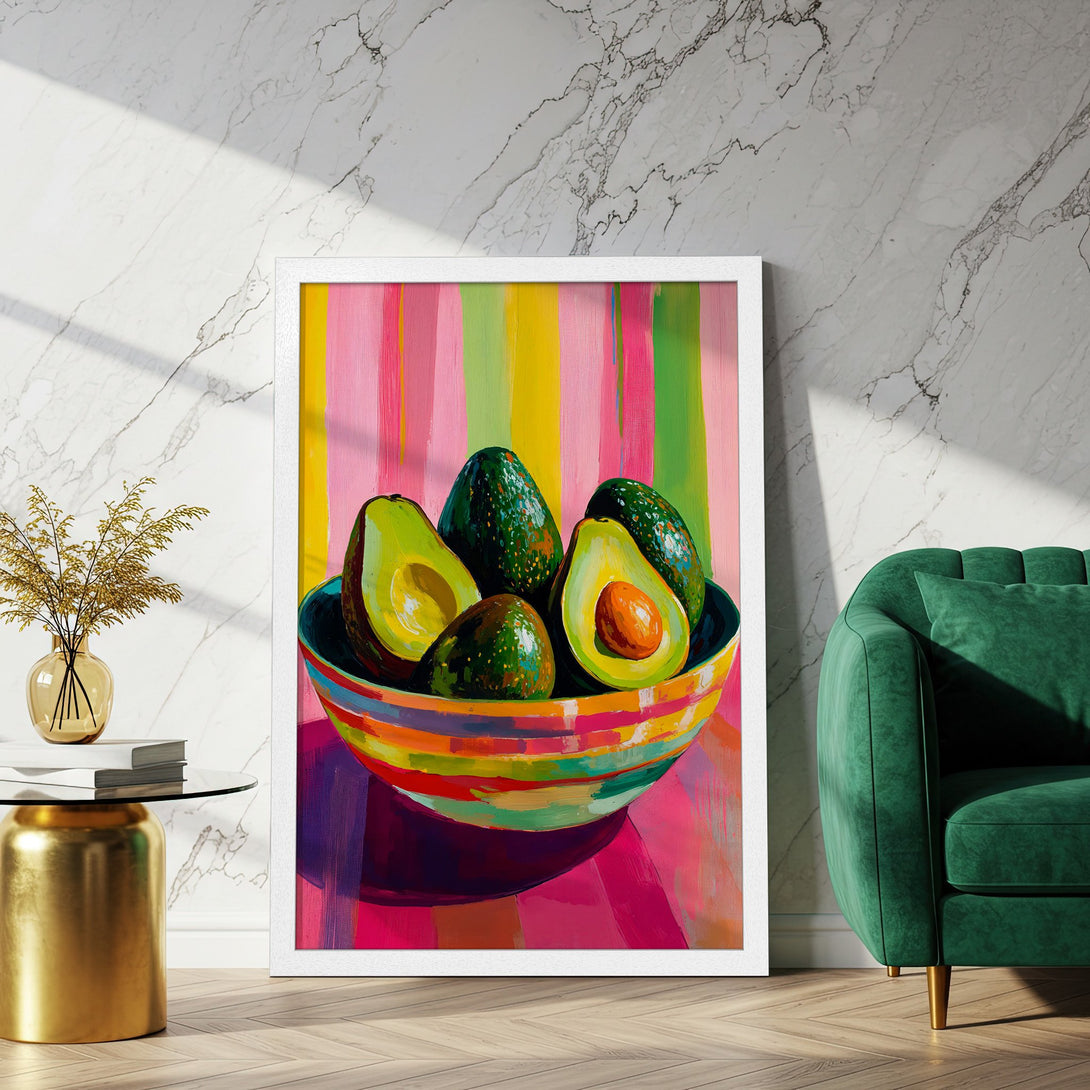 Framed Poster of vibrant avocado still life painting with a colorful palette. Modern art print for kitchen or dining room decor.