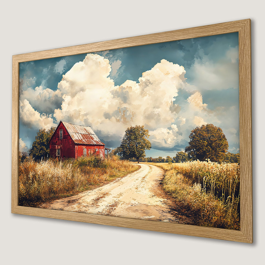 Framed Poster of a red barn landscape, rustic style with warm earth tones and dramatic sky.