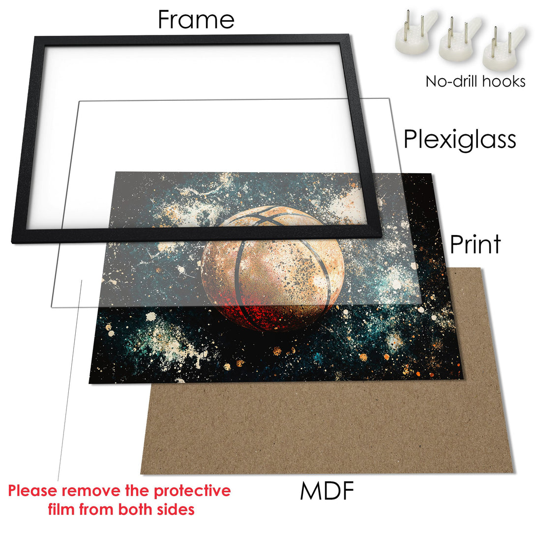 Framed Poster: Abstract basketball art in a black frame. Dark teal, gold, and red color palette. Perfect wall decor.